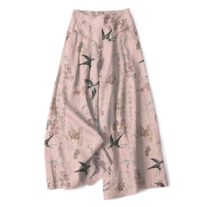 Buddha Stones Pantaloni da donna in cotone e lino con elastico in vita e gamba larga, fantasia floreale con uccellini e tasche. - Rosa chiaro - US16, UK/AU20, EU48 (3XL) - image 5
