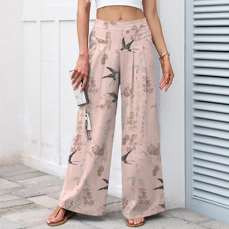 Buddha Stones Pantaloni da donna in cotone e lino con elastico in vita e gamba larga, fantasia floreale con uccellini e tasche. - image 6