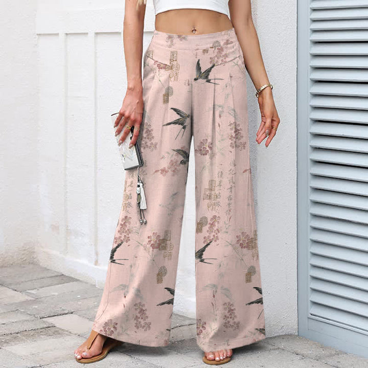 Buddha Stones Pantaloni da donna in cotone e lino con elastico in vita e gamba larga, fantasia floreale con uccellini e tasche. - image 6