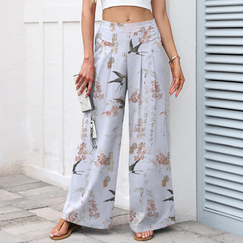 Buddha Stones Pantaloni da donna in cotone e lino con elastico in vita e gamba larga, fantasia floreale con uccellini e tasche. - image 8