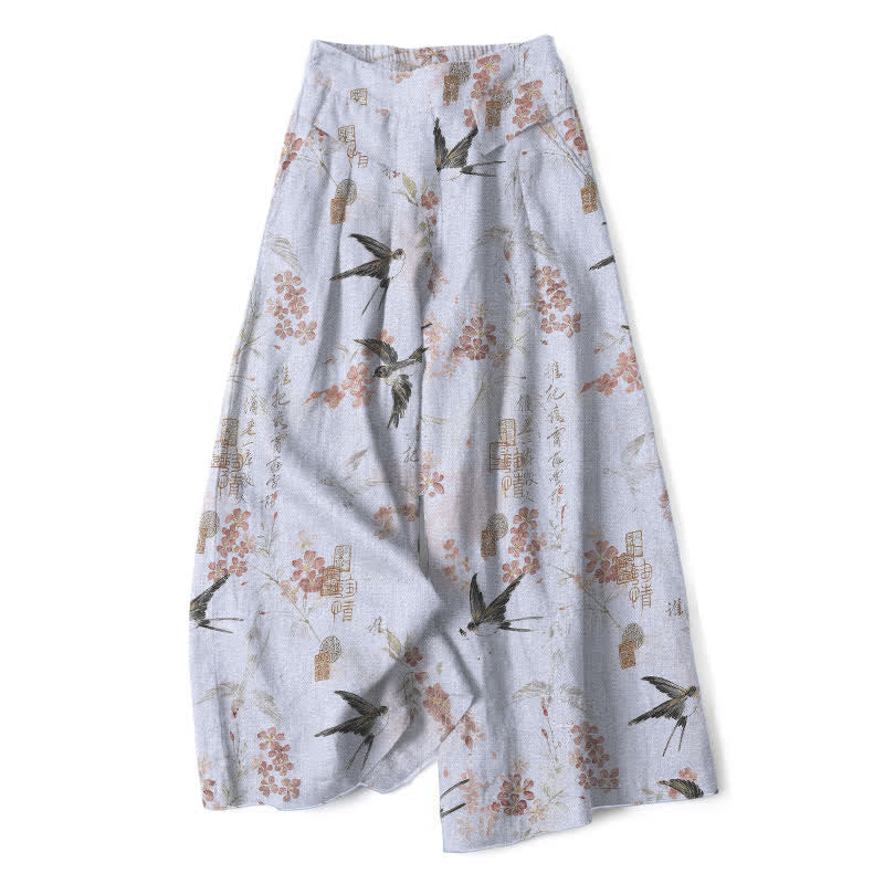 Buddha Stones Pantaloni da donna in cotone e lino con elastico in vita e gamba larga, fantasia floreale con uccellini e tasche. - Blu acciaio chiaro - US16, UK/AU20, EU48 (3XL) - image 7