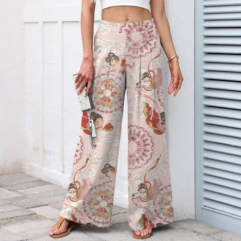 Buddha Stones Pantaloni da donna in cotone e lino con elastico in vita e gamba larga, fantasia floreale e tasche. - image 1