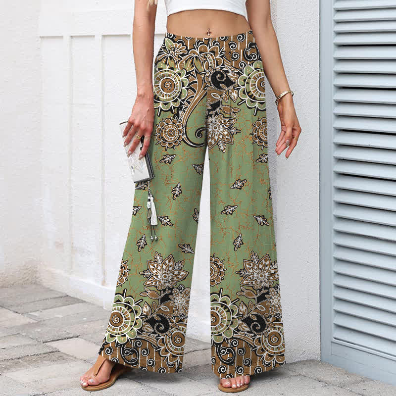Buddha Stones Pantaloni da donna in cotone e lino con elastico in vita e gamba larga, fantasia mandala bohémien, con tasche. - image 1