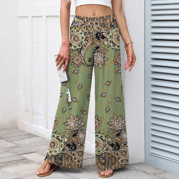 Buddha Stones Pantaloni da donna in cotone e lino con elastico in vita e gamba larga, fantasia mandala bohémien, con tasche. - image 1