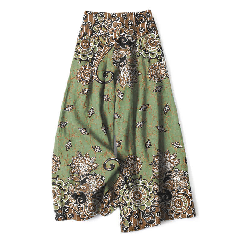 Buddha Stones Pantaloni da donna in cotone e lino con elastico in vita e gamba larga, fantasia mandala bohémien, con tasche. - Verde oliva - US16, UK/AU20, EU48 (3XL) - image 0