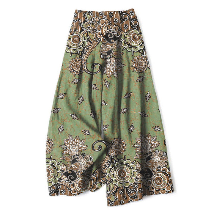 Buddha Stones Pantaloni da donna in cotone e lino con elastico in vita e gamba larga, fantasia mandala bohémien, con tasche. - Verde oliva - US16, UK/AU20, EU48 (3XL) - image 0