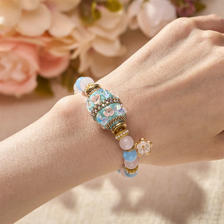 Buddha Stones Bracciale con ciondolo a forma di fiore in quarzo rosa, calcedonio blu e perline rotonde in rame, con perline a barilotto e perline Love. - image 4