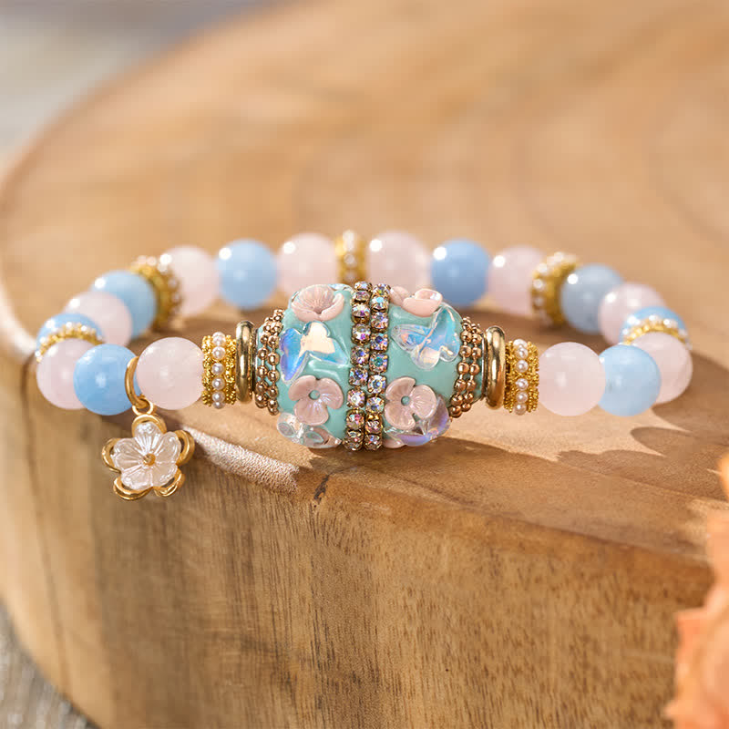 Buddha Stones Bracciale con ciondolo a forma di fiore in quarzo rosa, calcedonio blu e perline rotonde in rame, con perline a barilotto e perline Love. - image 3