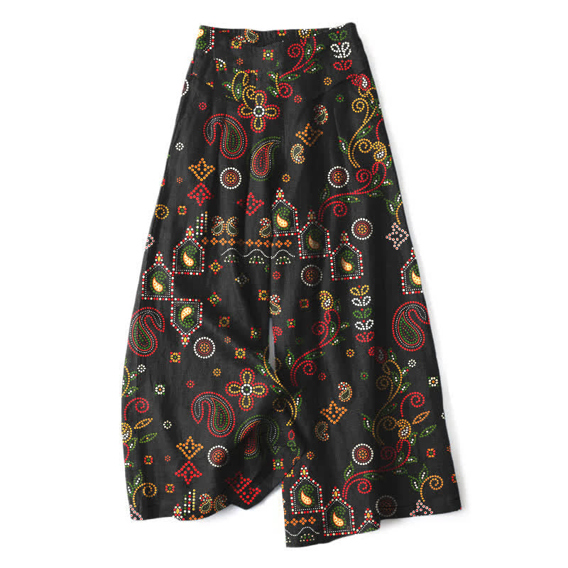 Buddha Stones Pantaloni da donna a gamba larga con elastico in vita e tasche, in cotone e lino, con fantasia floreale d'ispirazione folk. - Nero - US16, UK/AU20, EU48 (3XL) - image 0