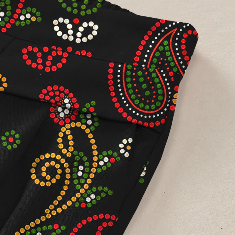 Buddha Stones Pantaloni da donna a gamba larga con elastico in vita e tasche, in cotone e lino, con fantasia floreale d'ispirazione folk. - image 3