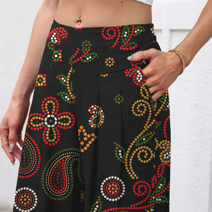 Buddha Stones Pantaloni da donna a gamba larga con elastico in vita e tasche, in cotone e lino, con fantasia floreale d'ispirazione folk. - image 2