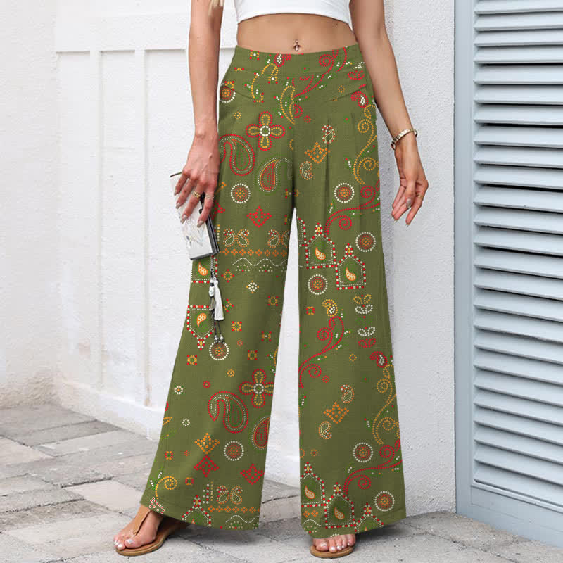 Buddha Stones Pantaloni da donna a gamba larga con elastico in vita e tasche, in cotone e lino, con fantasia floreale d'ispirazione folk. - image 6