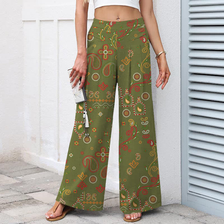 Buddha Stones Pantaloni da donna a gamba larga con elastico in vita e tasche, in cotone e lino, con fantasia floreale d'ispirazione folk. - image 6