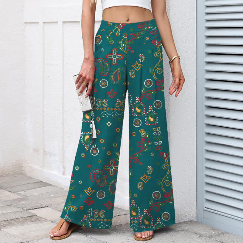 Buddha Stones Pantaloni da donna a gamba larga con elastico in vita e tasche, in cotone e lino, con fantasia floreale d'ispirazione folk. - image 8