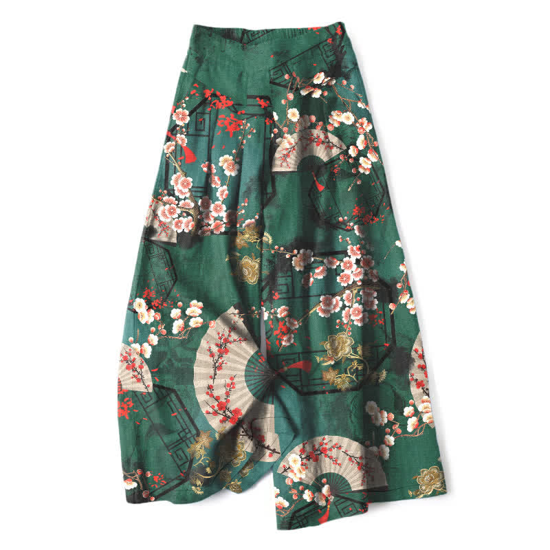 Buddha Stones Pantaloni da donna in cotone e lino con elastico in vita e gamba larga, fantasia floreale orientale a ventaglio, con tasche. - Verde scuro - US16, UK/AU20, EU48 (3XL) - image 0
