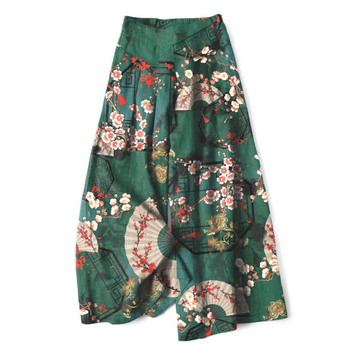 Buddha Stones Pantaloni da donna in cotone e lino con elastico in vita e gamba larga, fantasia floreale orientale a ventaglio, con tasche. - Verde scuro - US16, UK/AU20, EU48 (3XL) - image 0