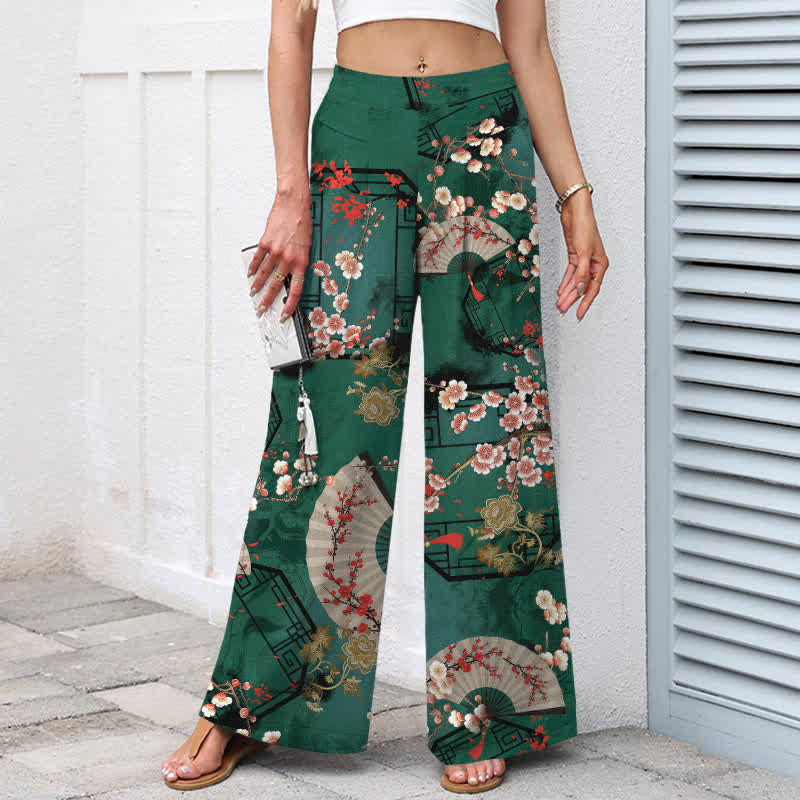 Buddha Stones Pantaloni da donna in cotone e lino con elastico in vita e gamba larga, fantasia floreale orientale a ventaglio, con tasche. - image 1