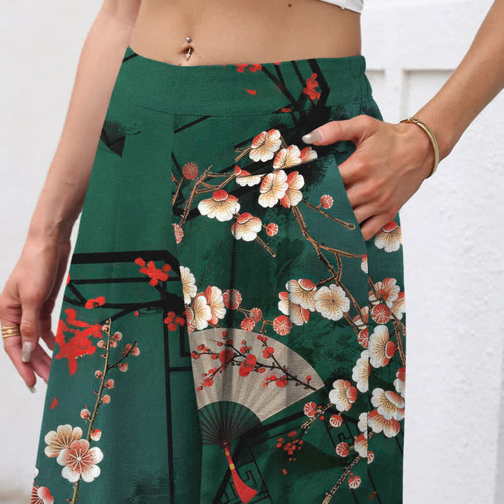 Buddha Stones Pantaloni da donna in cotone e lino con elastico in vita e gamba larga, fantasia floreale orientale a ventaglio, con tasche. - image 2