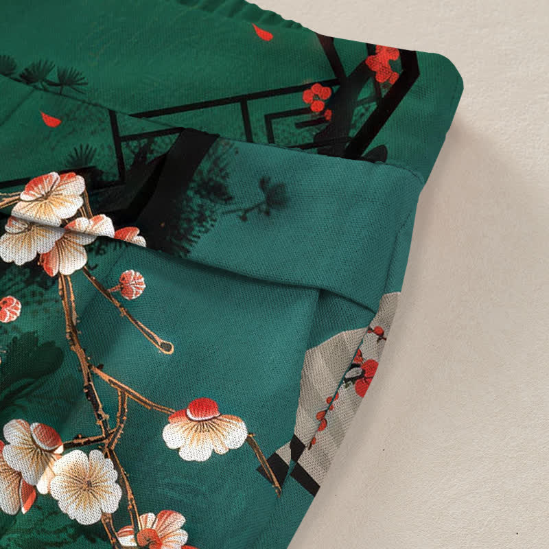 Buddha Stones Pantaloni da donna in cotone e lino con elastico in vita e gamba larga, fantasia floreale orientale a ventaglio, con tasche. - image 3