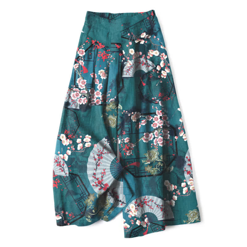 Buddha Stones Pantaloni da donna in cotone e lino con elastico in vita e gamba larga, fantasia floreale orientale a ventaglio, con tasche. - Verde acqua - US16, UK/AU20, EU48 (3XL) - image 5