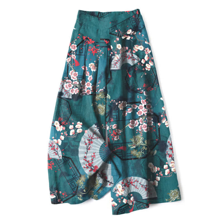 Buddha Stones Pantaloni da donna in cotone e lino con elastico in vita e gamba larga, fantasia floreale orientale a ventaglio, con tasche. - Verde acqua - US16, UK/AU20, EU48 (3XL) - image 5