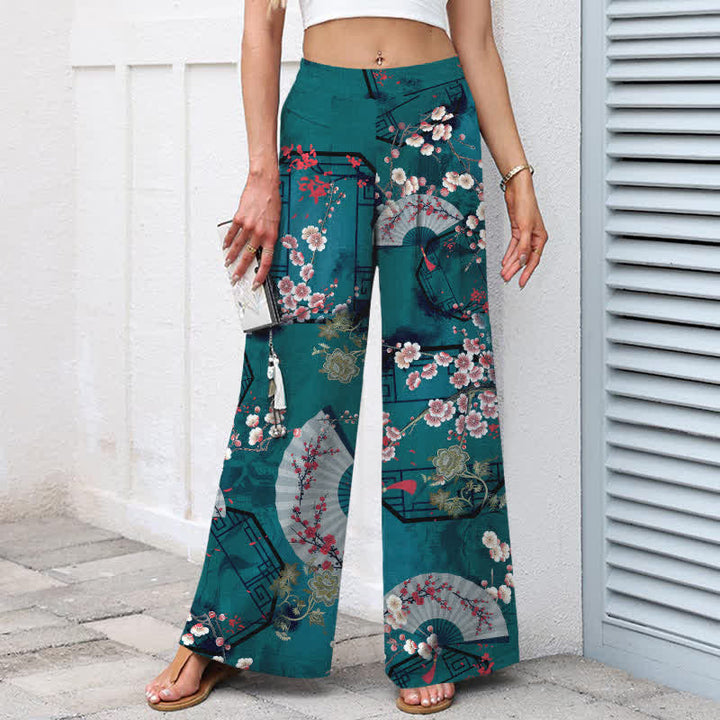 Buddha Stones Pantaloni da donna in cotone e lino con elastico in vita e gamba larga, fantasia floreale orientale a ventaglio, con tasche. - image 6