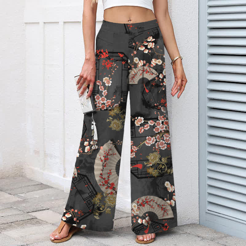 Buddha Stones Pantaloni da donna in cotone e lino con elastico in vita e gamba larga, fantasia floreale orientale a ventaglio, con tasche. - image 8