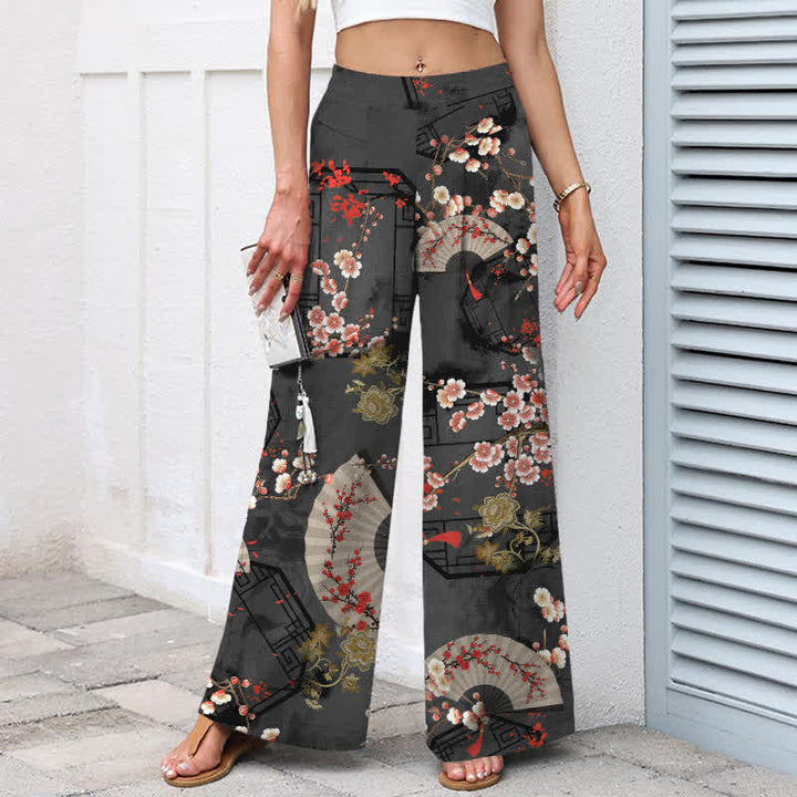 Buddha Stones Pantaloni da donna in cotone e lino con elastico in vita e gamba larga, fantasia floreale orientale a ventaglio, con tasche. - image 8