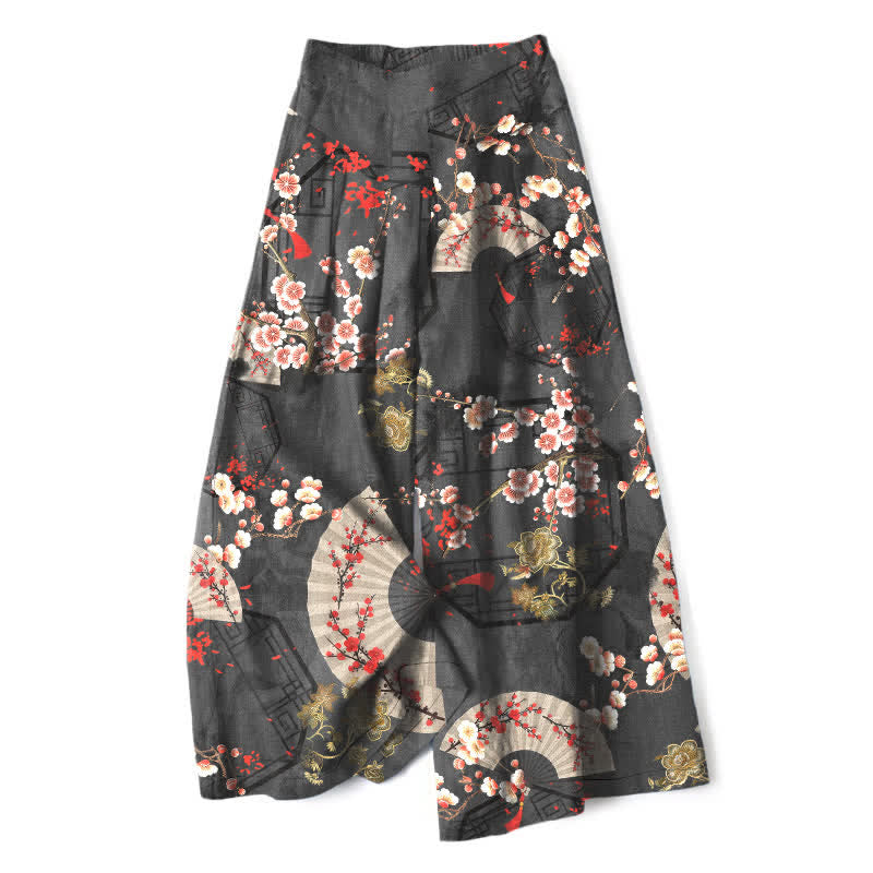 Buddha Stones Pantaloni da donna in cotone e lino con elastico in vita e gamba larga, fantasia floreale orientale a ventaglio, con tasche. - Grigio tenue - US16, UK/AU20, EU48 (3XL) - image 7