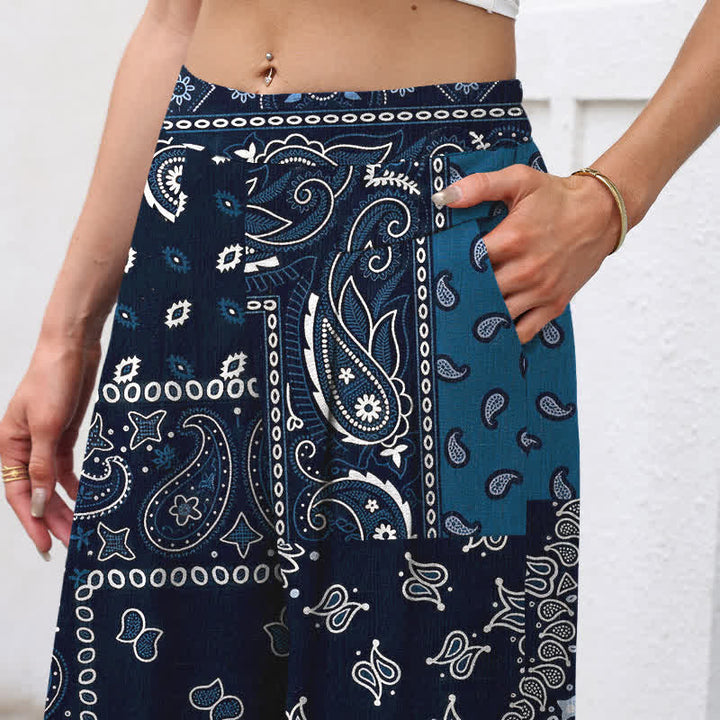 Buddha Stones Pantaloni da donna a gamba larga con elastico in vita e tasche, in cotone e lino, con motivo patchwork paisley vintage. - image 2