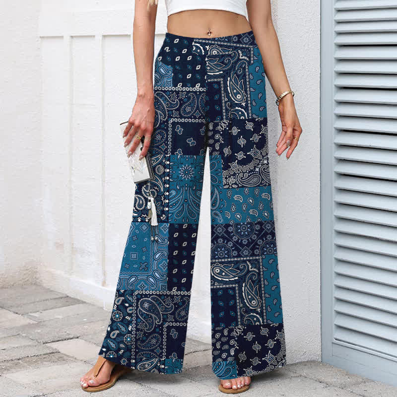 Buddha Stones Pantaloni da donna a gamba larga con elastico in vita e tasche, in cotone e lino, con motivo patchwork paisley vintage. - image 1