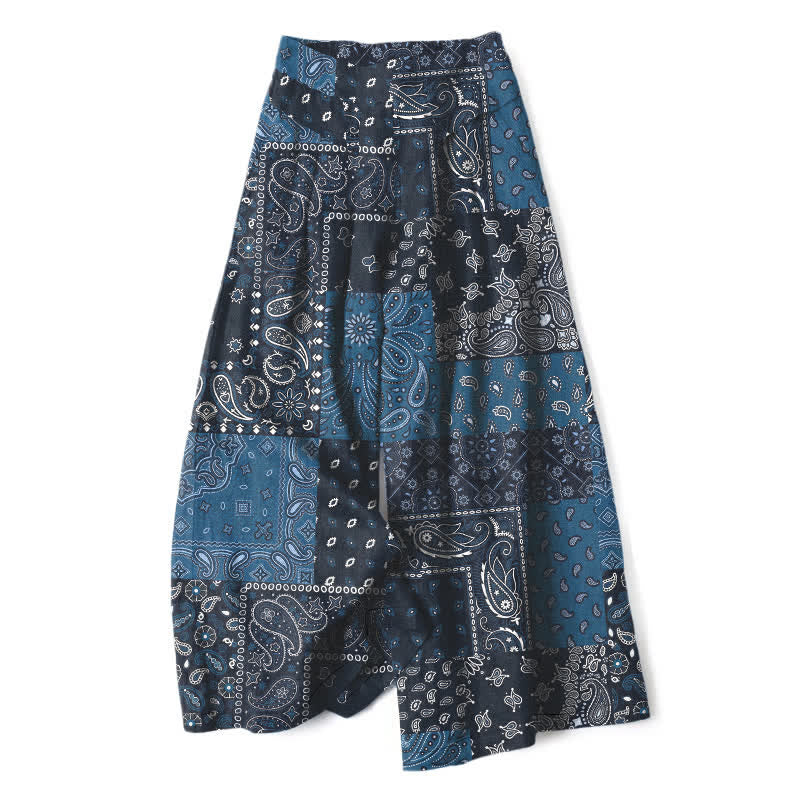 Buddha Stones Pantaloni da donna a gamba larga con elastico in vita e tasche, in cotone e lino, con motivo patchwork paisley vintage. - Marina - US16, UK/AU20, EU48 (3XL) - image 0