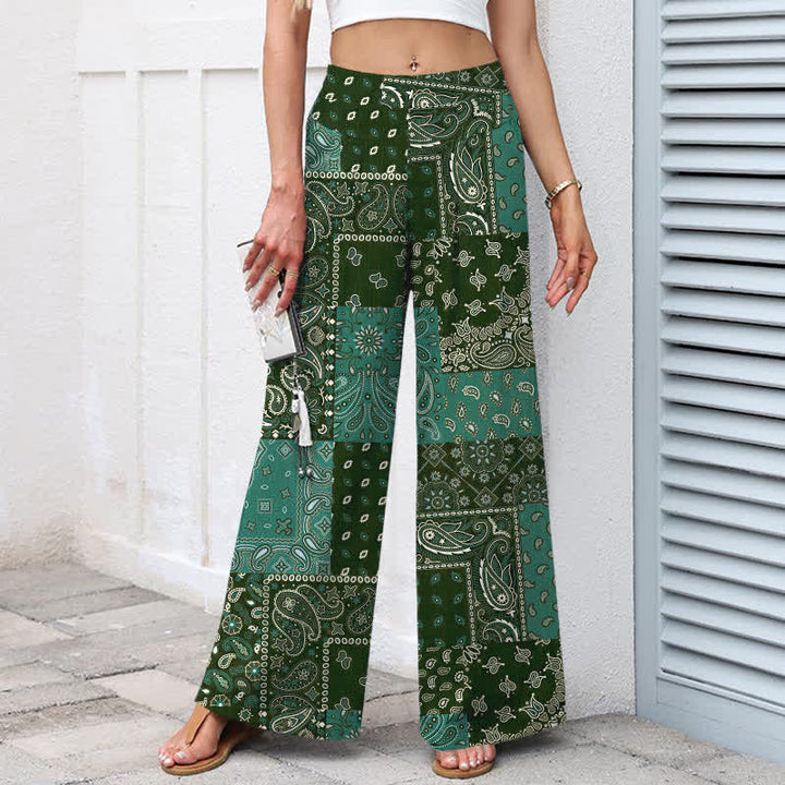 Buddha Stones Pantaloni da donna a gamba larga con elastico in vita e tasche, in cotone e lino, con motivo patchwork paisley vintage. - image 6