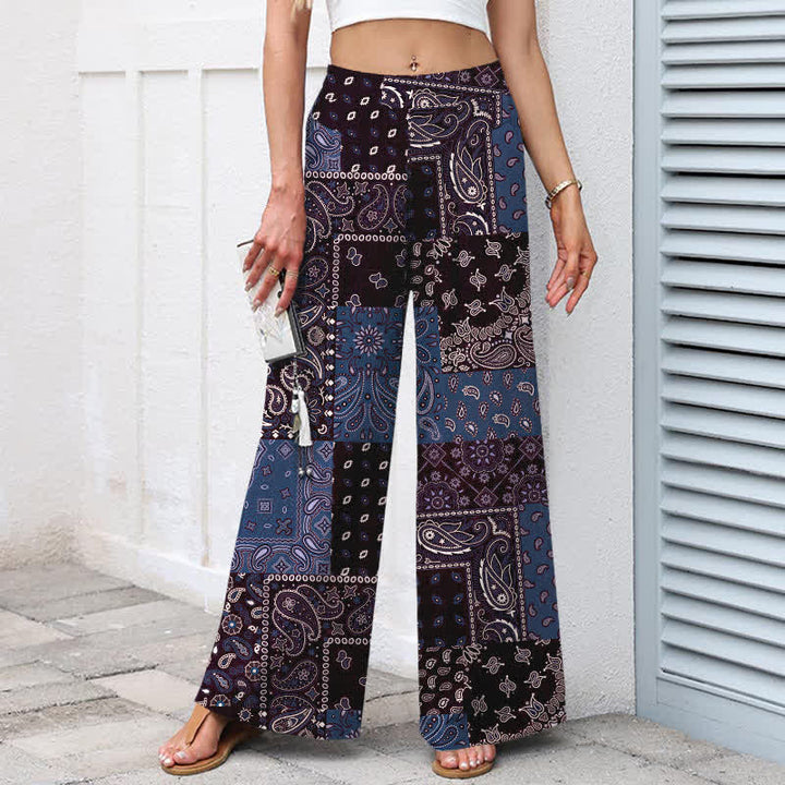 Buddha Stones Pantaloni da donna a gamba larga con elastico in vita e tasche, in cotone e lino, con motivo patchwork paisley vintage. - image 8
