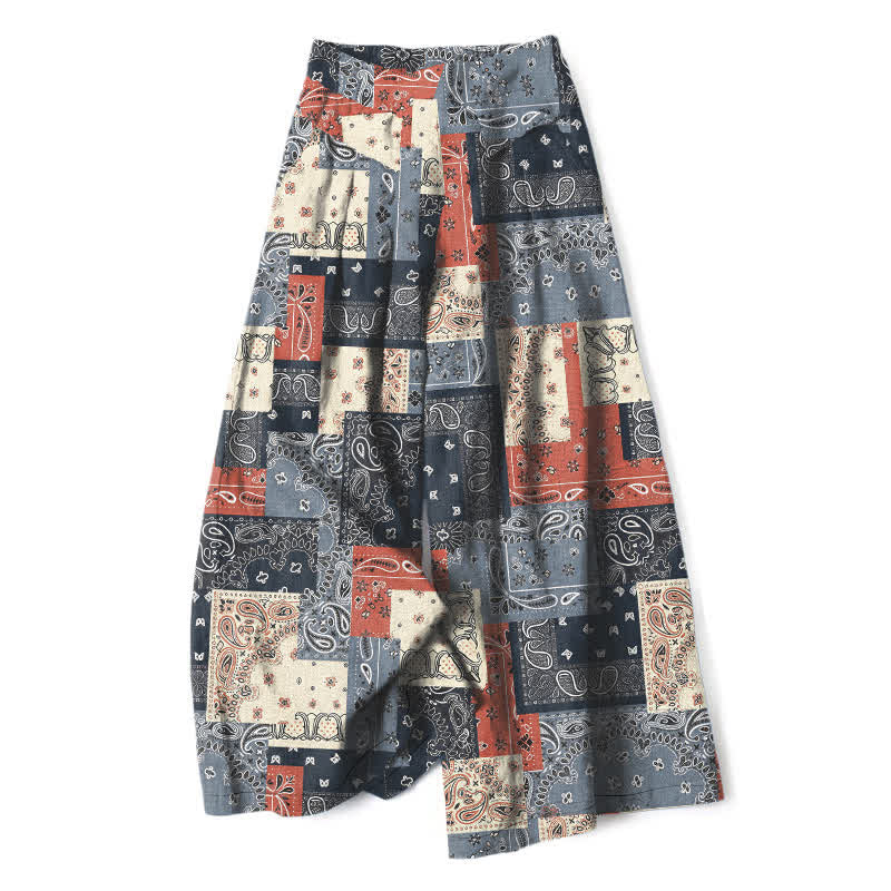Buddha Stones Pantaloni da donna a gamba larga con elastico in vita e tasche, in cotone e lino, con motivo paisley patchwork. - Grigio ardesia - US16, UK/AU20, EU48 (3XL) - image 0