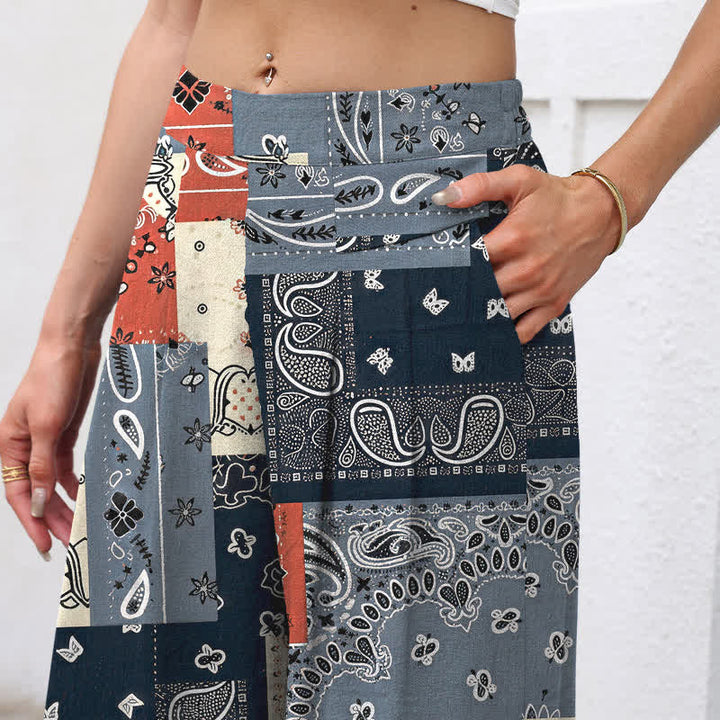 Buddha Stones Pantaloni da donna a gamba larga con elastico in vita e tasche, in cotone e lino, con motivo paisley patchwork. - image 2