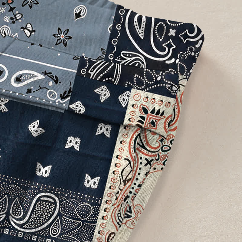Buddha Stones Pantaloni da donna a gamba larga con elastico in vita e tasche, in cotone e lino, con motivo paisley patchwork. - image 3