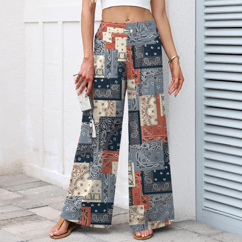 Buddha Stones Pantaloni da donna a gamba larga con elastico in vita e tasche, in cotone e lino, con motivo paisley patchwork. - image 1