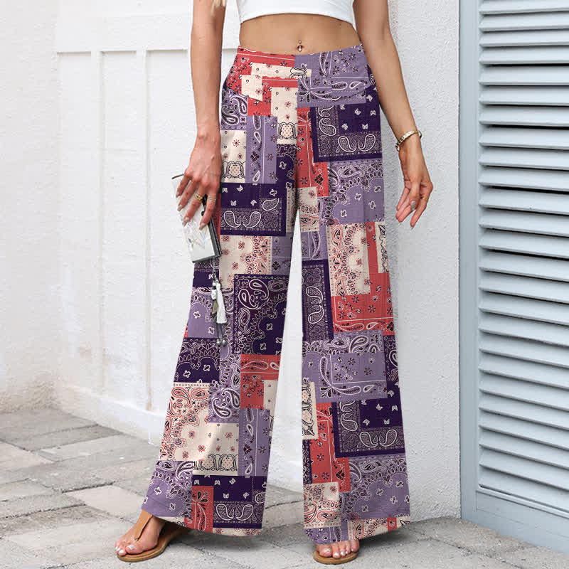 Buddha Stones Pantaloni da donna a gamba larga con elastico in vita e tasche, in cotone e lino, con motivo paisley patchwork. - image 6