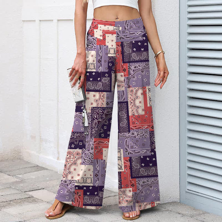 Buddha Stones Pantaloni da donna a gamba larga con elastico in vita e tasche, in cotone e lino, con motivo paisley patchwork. - image 6