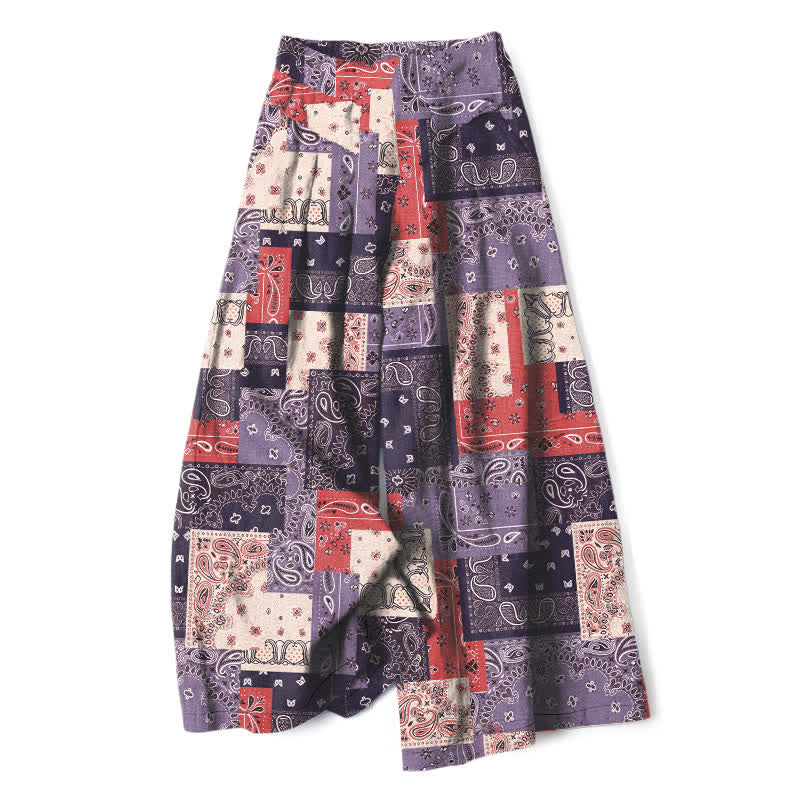 Buddha Stones Pantaloni da donna a gamba larga con elastico in vita e tasche, in cotone e lino, con motivo paisley patchwork. - Viola medio - US16, UK/AU20, EU48 (3XL) - image 5