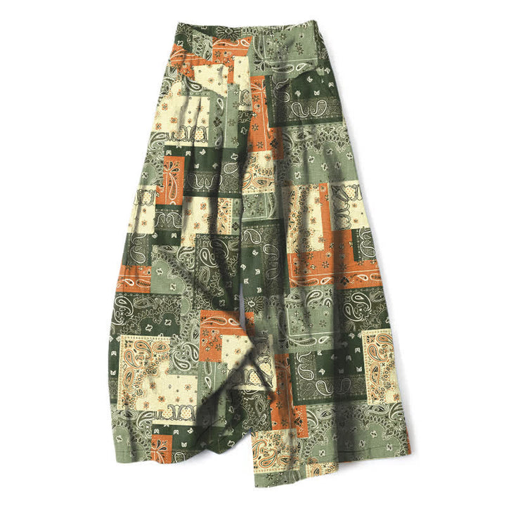 Buddha Stones Pantaloni da donna a gamba larga con elastico in vita e tasche, in cotone e lino, con motivo paisley patchwork. - Verde oliva - US16, UK/AU20, EU48 (3XL) - image 7
