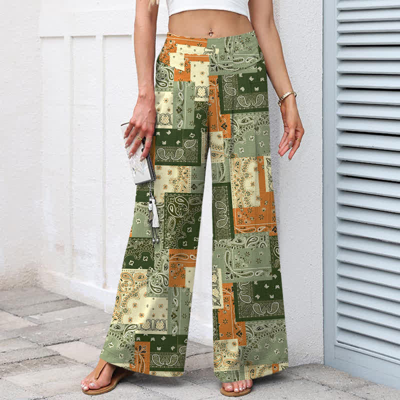 Buddha Stones Pantaloni da donna a gamba larga con elastico in vita e tasche, in cotone e lino, con motivo paisley patchwork. - image 8