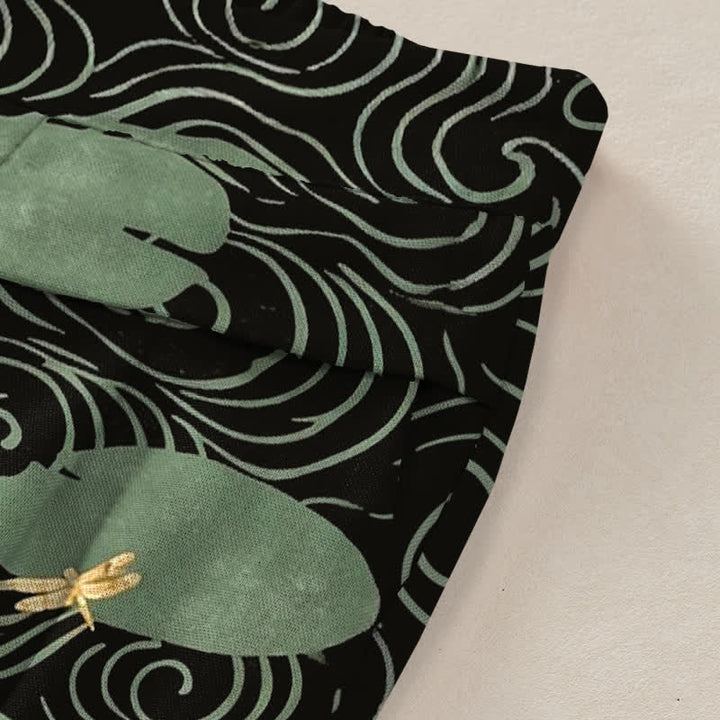 Buddha Stones Pantaloni da donna a gamba larga con elastico in vita e tasche, in cotone e lino, con stampa a onde di foglie di loto e pesci koi. - image 3