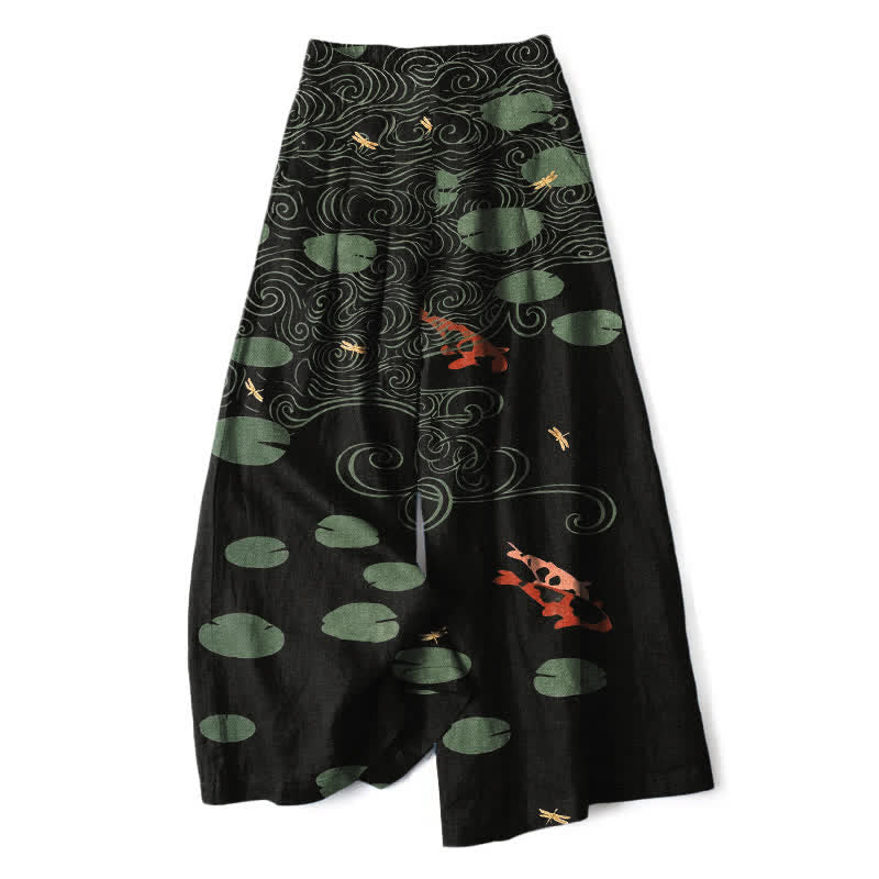 Buddha Stones Pantaloni da donna a gamba larga con elastico in vita e tasche, in cotone e lino, con stampa a onde di foglie di loto e pesci koi. - Nero - US16, UK/AU20, EU48 (3XL) - image 0
