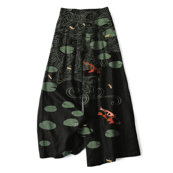 Buddha Stones Pantaloni da donna a gamba larga con elastico in vita e tasche, in cotone e lino, con stampa a onde di foglie di loto e pesci koi. - Nero - US16, UK/AU20, EU48 (3XL) - image 0