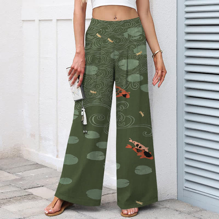 Buddha Stones Pantaloni da donna a gamba larga con elastico in vita e tasche, in cotone e lino, con stampa a onde di foglie di loto e pesci koi. - image 6