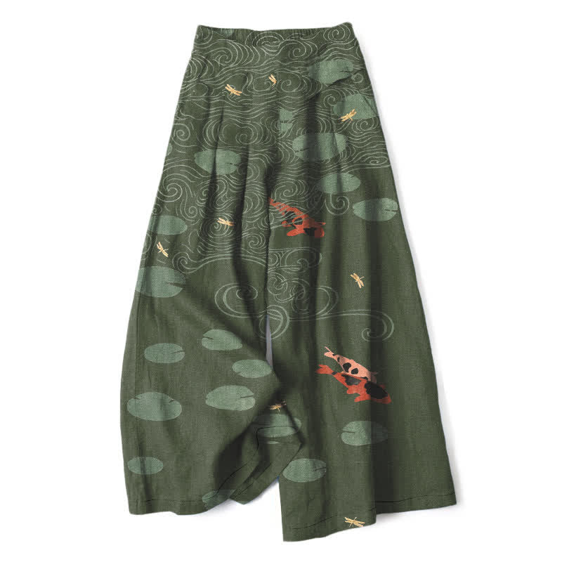 Buddha Stones Pantaloni da donna a gamba larga con elastico in vita e tasche, in cotone e lino, con stampa a onde di foglie di loto e pesci koi. - Verde oliva scuro - US16, UK/AU20, EU48 (3XL) - image 5