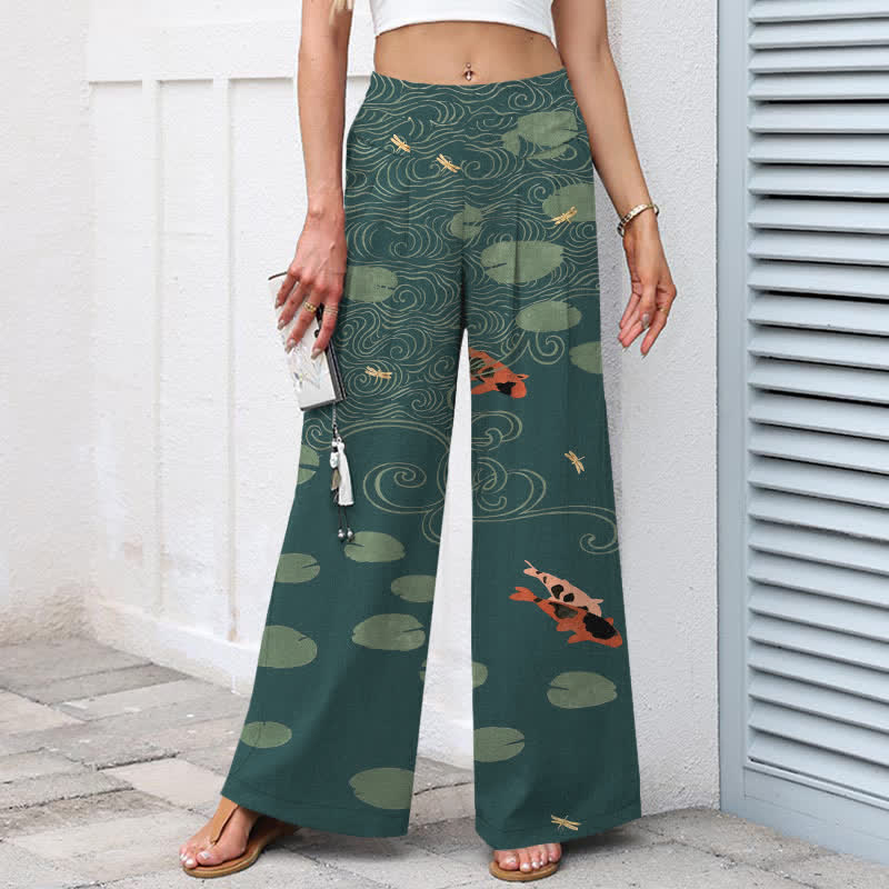 Buddha Stones Pantaloni da donna a gamba larga con elastico in vita e tasche, in cotone e lino, con stampa a onde di foglie di loto e pesci koi. - image 8