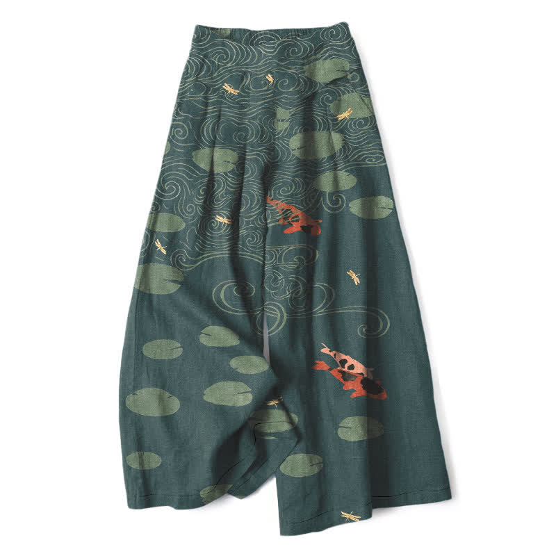 Buddha Stones Pantaloni da donna a gamba larga con elastico in vita e tasche, in cotone e lino, con stampa a onde di foglie di loto e pesci koi. - Verde acqua - US16, UK/AU20, EU48 (3XL) - image 7